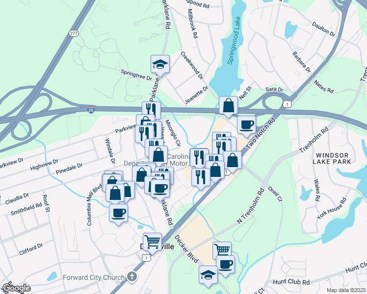 map of restaurants, bars, coffee shops, grocery stores, and more near 32 Moonglo Circle in Columbia
