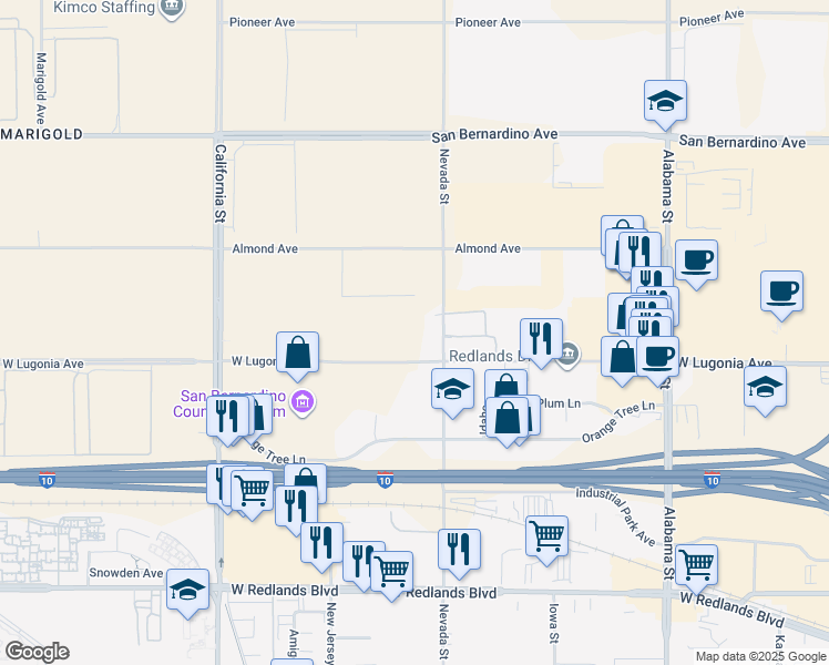 map of restaurants, bars, coffee shops, grocery stores, and more near 10046 Nevada Street in Redlands