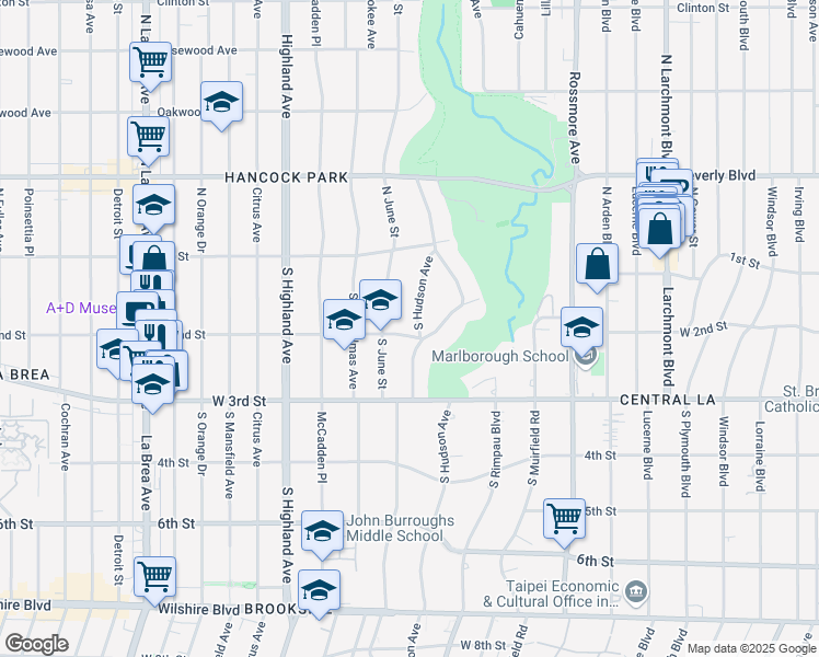 map of restaurants, bars, coffee shops, grocery stores, and more near 191 South Hudson Avenue in Los Angeles