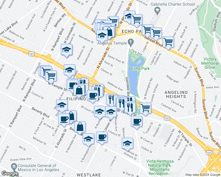 map of restaurants, bars, coffee shops, grocery stores, and more near 518 North Bonnie Brae Street in Los Angeles