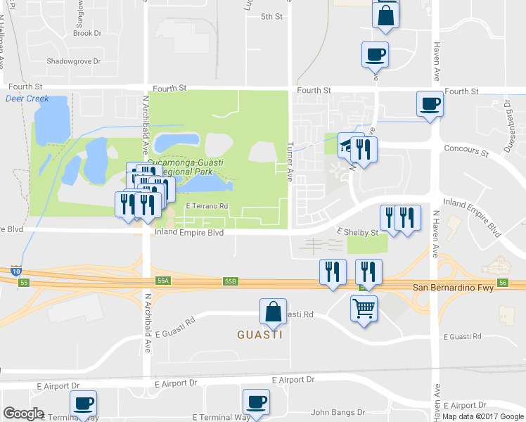 map of restaurants, bars, coffee shops, grocery stores, and more near 3022 East Via Corvina in Ontario