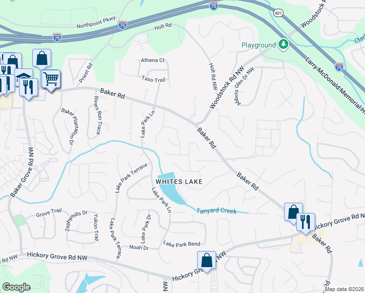 map of restaurants, bars, coffee shops, grocery stores, and more near 2918 Lighthouse Lane in Acworth