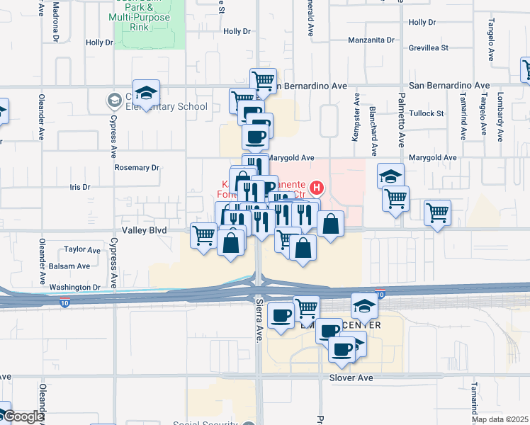 map of restaurants, bars, coffee shops, grocery stores, and more near 10067 Sierra Avenue in Fontana