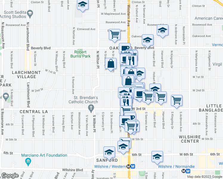 map of restaurants, bars, coffee shops, grocery stores, and more near 161 South Saint Andrews Place in Los Angeles