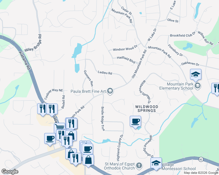 map of restaurants, bars, coffee shops, grocery stores, and more near 12030 Old Mountain Park Road in Roswell