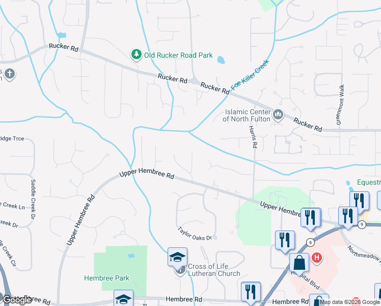 map of restaurants, bars, coffee shops, grocery stores, and more near 425 Foe Creek Drive in Roswell