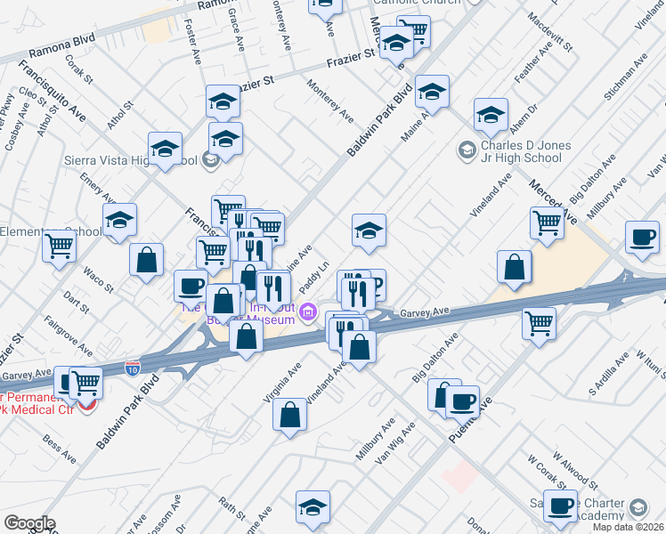 map of restaurants, bars, coffee shops, grocery stores, and more near 3081 Feather Avenue in Baldwin Park