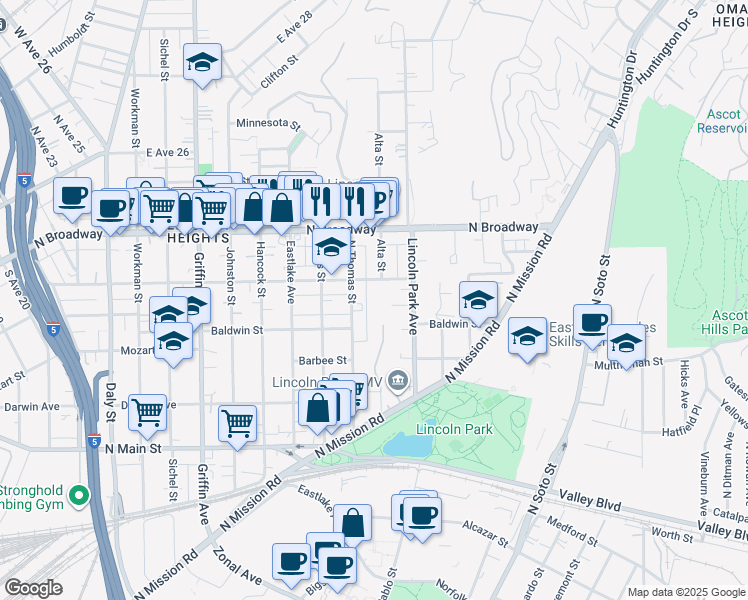 map of restaurants, bars, coffee shops, grocery stores, and more near 3422 Manitou Avenue in Los Angeles