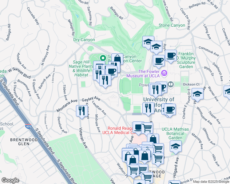 map of restaurants, bars, coffee shops, grocery stores, and more near 335 De Neve Drive in Los Angeles
