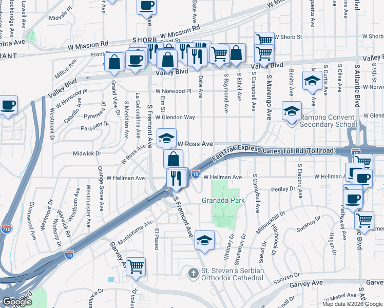 map of restaurants, bars, coffee shops, grocery stores, and more near 1918 Edgewood Drive in Alhambra
