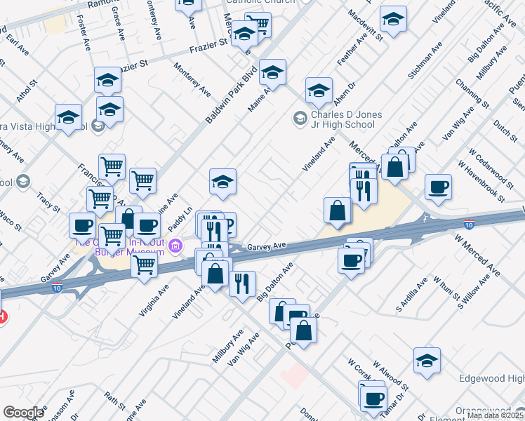 map of restaurants, bars, coffee shops, grocery stores, and more near 3118 Vineland Avenue in Baldwin Park