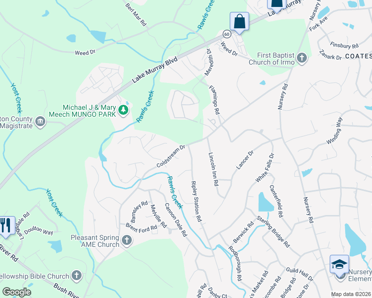 map of restaurants, bars, coffee shops, grocery stores, and more near 411 Coldstream Drive in Columbia