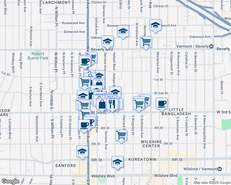 map of restaurants, bars, coffee shops, grocery stores, and more near 4189 West 2nd Street in Los Angeles