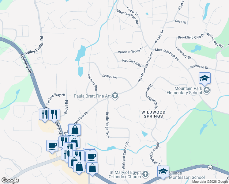 map of restaurants, bars, coffee shops, grocery stores, and more near 12030 Old Mountain Park Road in Roswell