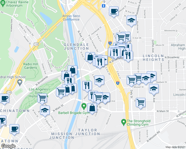 map of restaurants, bars, coffee shops, grocery stores, and more near 216 South Ave 18 in Los Angeles