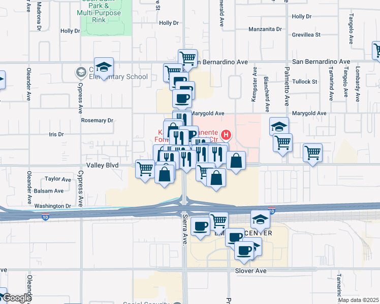 map of restaurants, bars, coffee shops, grocery stores, and more near 10067 Sierra Avenue in Fontana