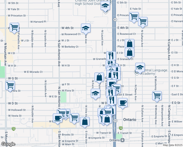 map of restaurants, bars, coffee shops, grocery stores, and more near 408 West G Street in Ontario
