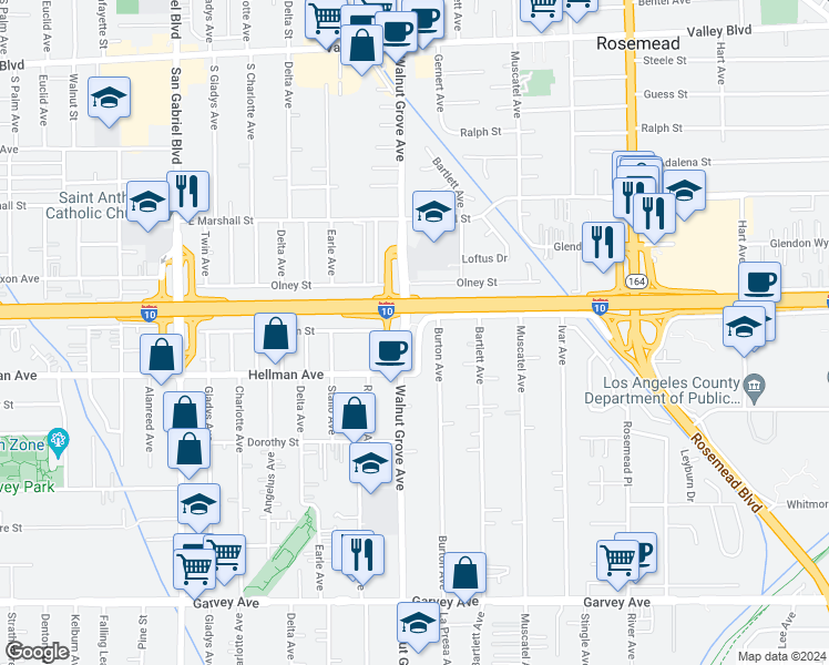 map of restaurants, bars, coffee shops, grocery stores, and more near 8627 Ramona Boulevard in Rosemead