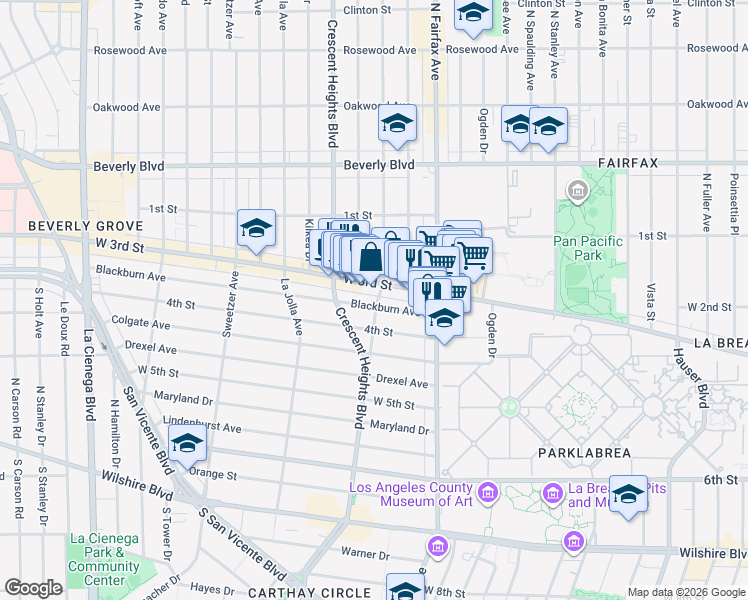 map of restaurants, bars, coffee shops, grocery stores, and more near Blackburn Avenue in West Hollywood