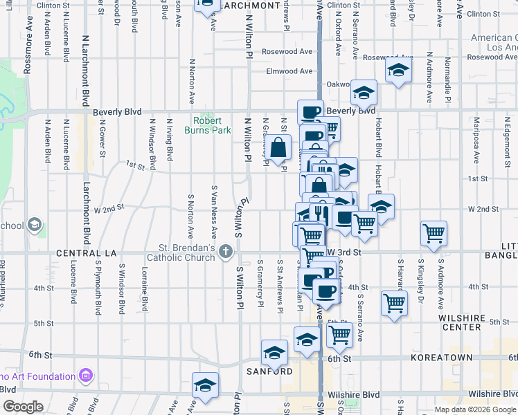 map of restaurants, bars, coffee shops, grocery stores, and more near 4545 West 2nd Street in Los Angeles