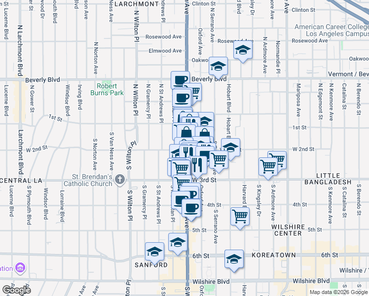 map of restaurants, bars, coffee shops, grocery stores, and more near 165 South Western Avenue in Los Angeles