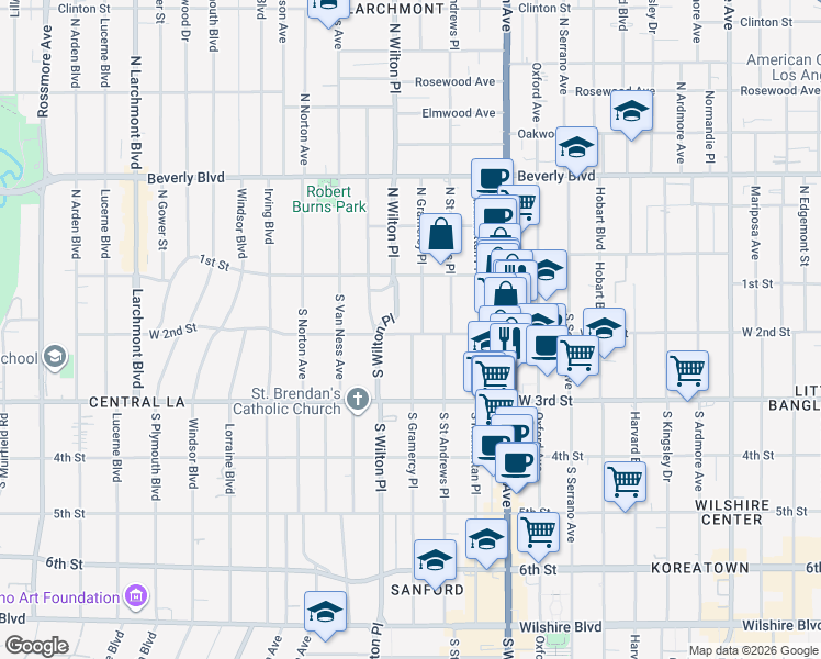 map of restaurants, bars, coffee shops, grocery stores, and more near 4541 West 2nd Street in Los Angeles