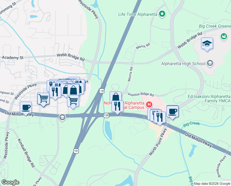 map of restaurants, bars, coffee shops, grocery stores, and more near 63 Country Place Court in Alpharetta