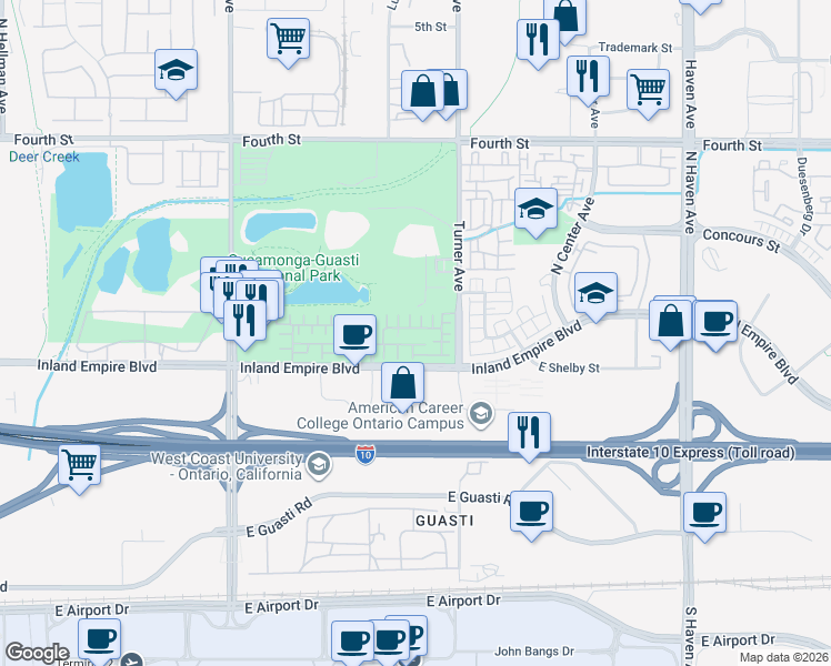 map of restaurants, bars, coffee shops, grocery stores, and more near 3022 East Via Corvina in Ontario
