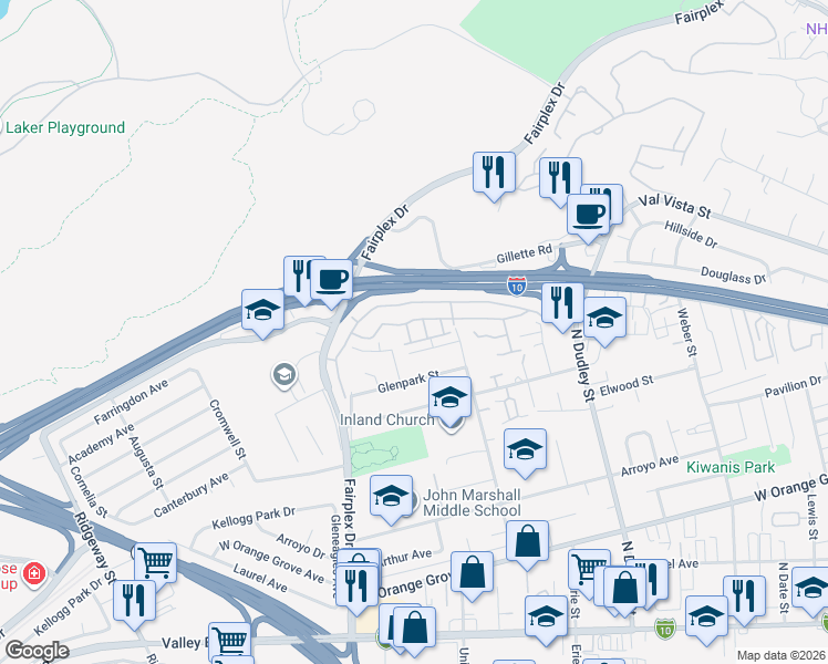 map of restaurants, bars, coffee shops, grocery stores, and more near 1418 Skyway Lane in Pomona