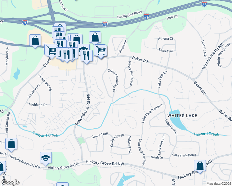 map of restaurants, bars, coffee shops, grocery stores, and more near 3115 Brandy Court in Acworth