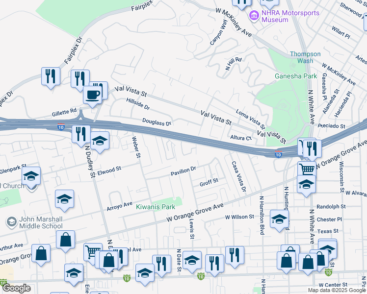 map of restaurants, bars, coffee shops, grocery stores, and more near 1386 Estel Drive in Pomona