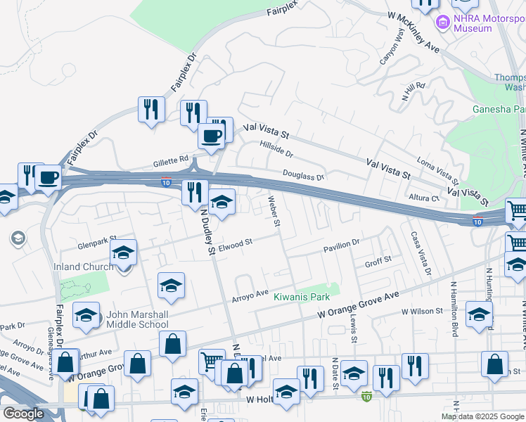 map of restaurants, bars, coffee shops, grocery stores, and more near in Pomona