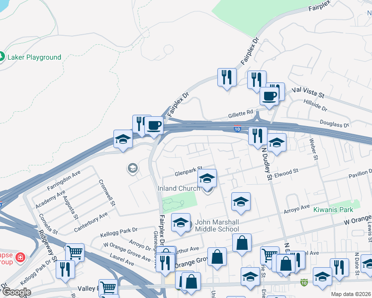 map of restaurants, bars, coffee shops, grocery stores, and more near 1807 Greenacre Road in Pomona