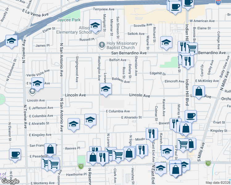 map of restaurants, bars, coffee shops, grocery stores, and more near 1087 Lincoln Avenue in Pomona