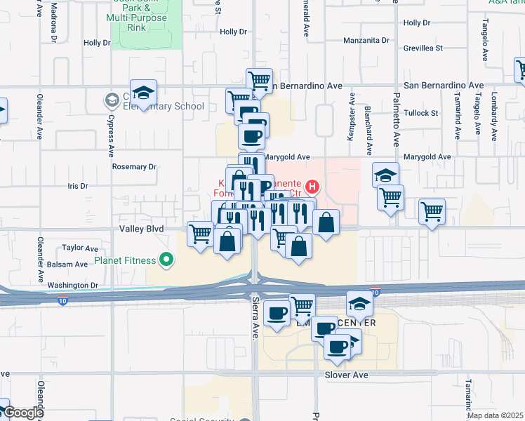 map of restaurants, bars, coffee shops, grocery stores, and more near 10067 Sierra Avenue in Fontana