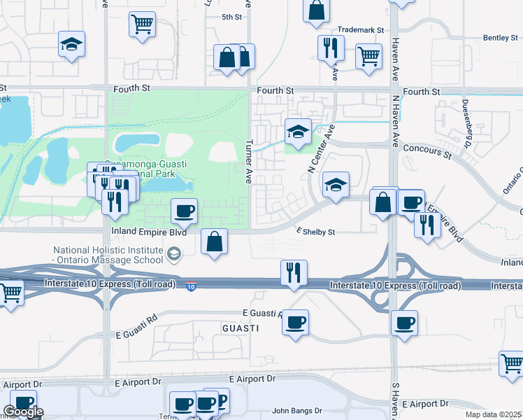 map of restaurants, bars, coffee shops, grocery stores, and more near 3132 Triumph Lane in Ontario