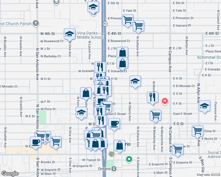 map of restaurants, bars, coffee shops, grocery stores, and more near in Ontario