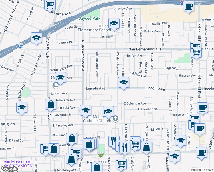 map of restaurants, bars, coffee shops, grocery stores, and more near 928 Lincoln Avenue in Pomona