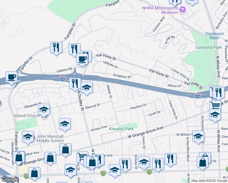 map of restaurants, bars, coffee shops, grocery stores, and more near 1302 Weber Street in Pomona