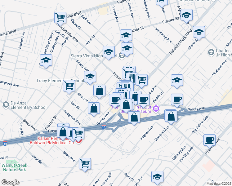 map of restaurants, bars, coffee shops, grocery stores, and more near 13449 Tracy Street in Baldwin Park