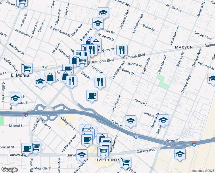 map of restaurants, bars, coffee shops, grocery stores, and more near 3614 La Madera Avenue in El Monte