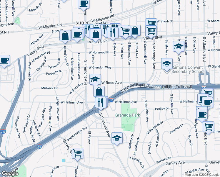 map of restaurants, bars, coffee shops, grocery stores, and more near 1927 Edgewood Drive in Alhambra
