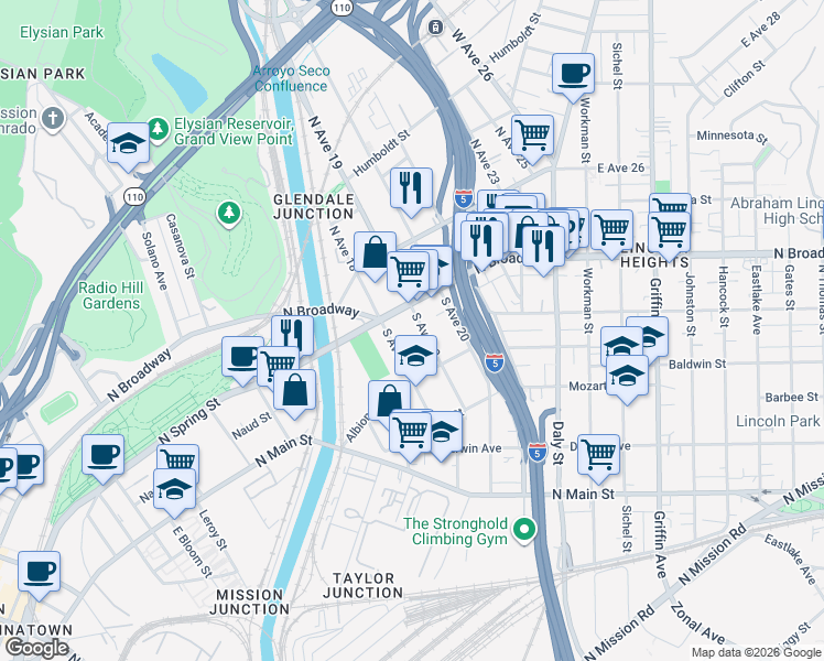 map of restaurants, bars, coffee shops, grocery stores, and more near 231 South Avenue 19 in Los Angeles