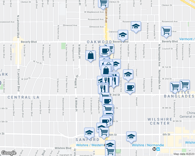 map of restaurants, bars, coffee shops, grocery stores, and more near 4454 West 2nd Street in Los Angeles