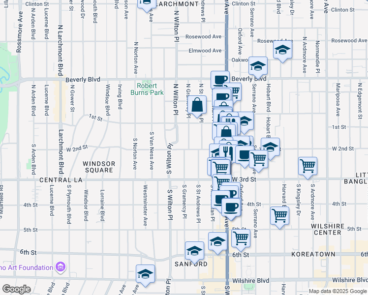 map of restaurants, bars, coffee shops, grocery stores, and more near 200 South Gramercy Place in Los Angeles