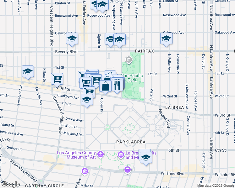 map of restaurants, bars, coffee shops, grocery stores, and more near 189 The Grove Drive in Los Angeles