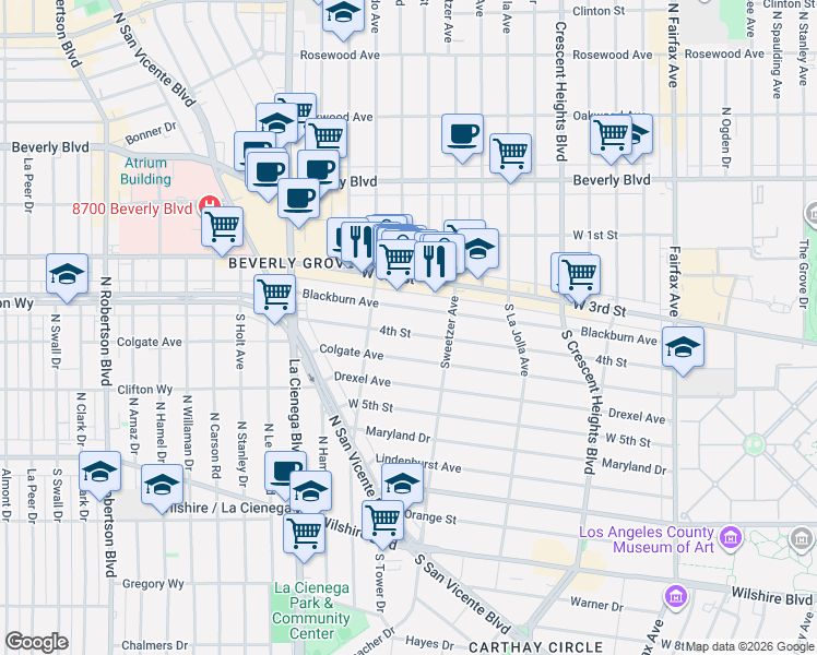 map of restaurants, bars, coffee shops, grocery stores, and more near 8362 West 4th Street in Los Angeles