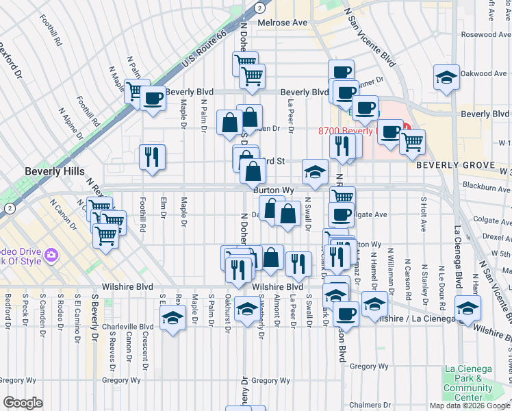 map of restaurants, bars, coffee shops, grocery stores, and more near 303 North Wetherly Drive in Beverly Hills
