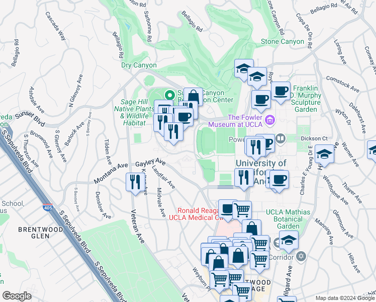 map of restaurants, bars, coffee shops, grocery stores, and more near 345 De Neve Drive in Los Angeles