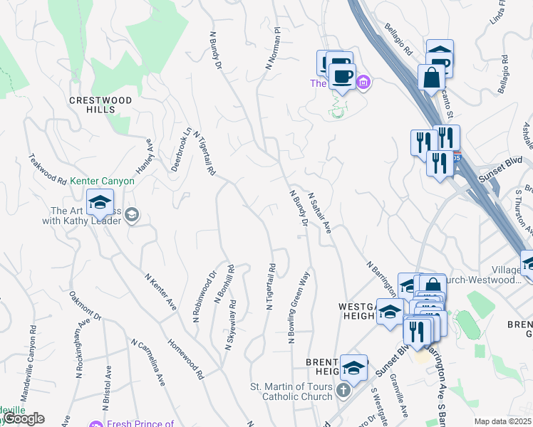 map of restaurants, bars, coffee shops, grocery stores, and more near 576 North Tigertail Road in Los Angeles
